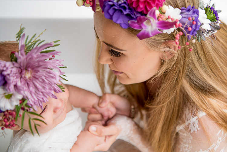 mother and child with flower crowns milk bath maternity