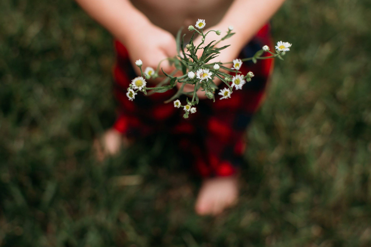little boy holding flowers