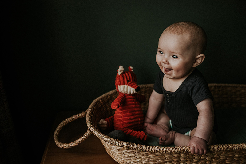 dark photo of baby in a basket next to a red soft toy