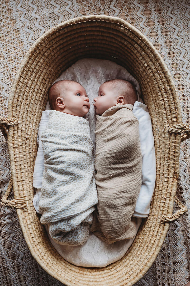 newborn twins facing each other in bassinet