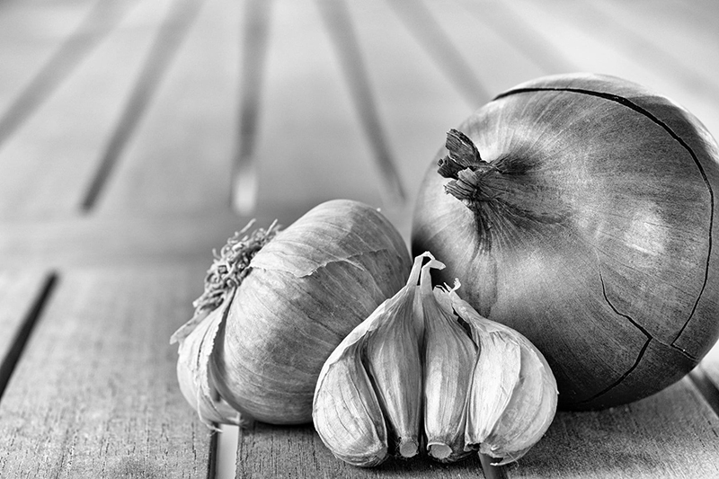 B&W close up food photo garlic and onions