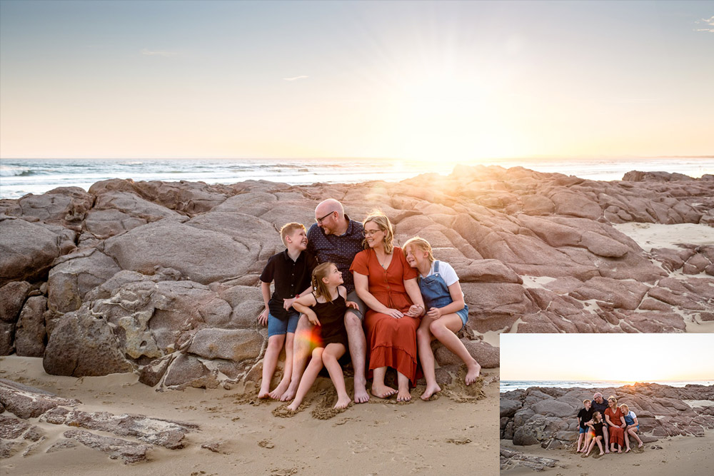 Family at the beach at golden hour