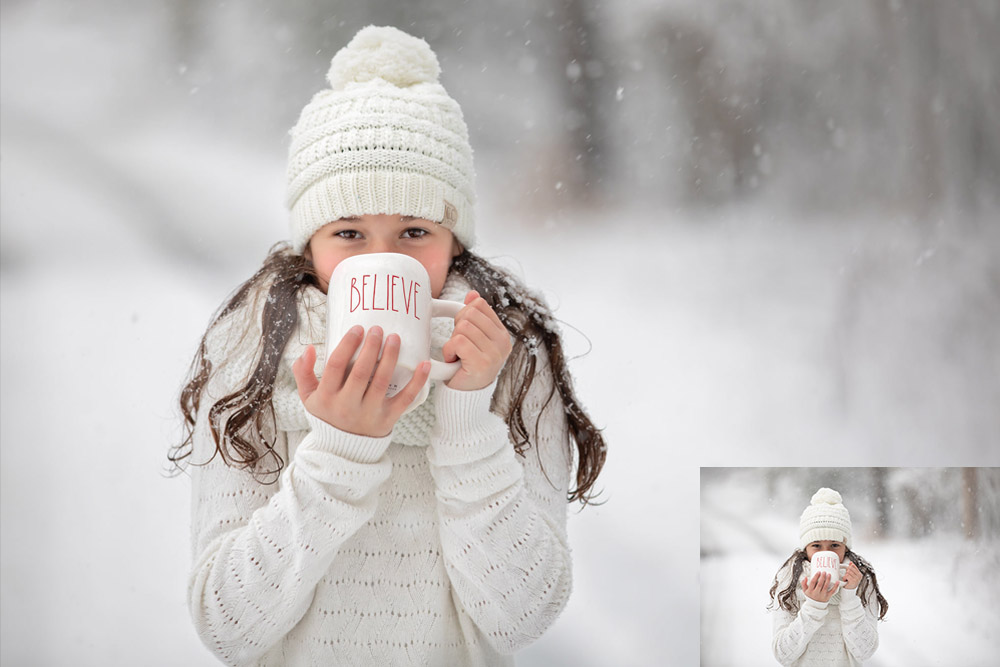 photoshop edits for portraits of girl in the snow