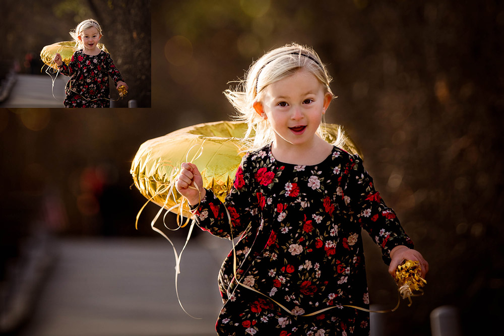 toddler girl running with balloon