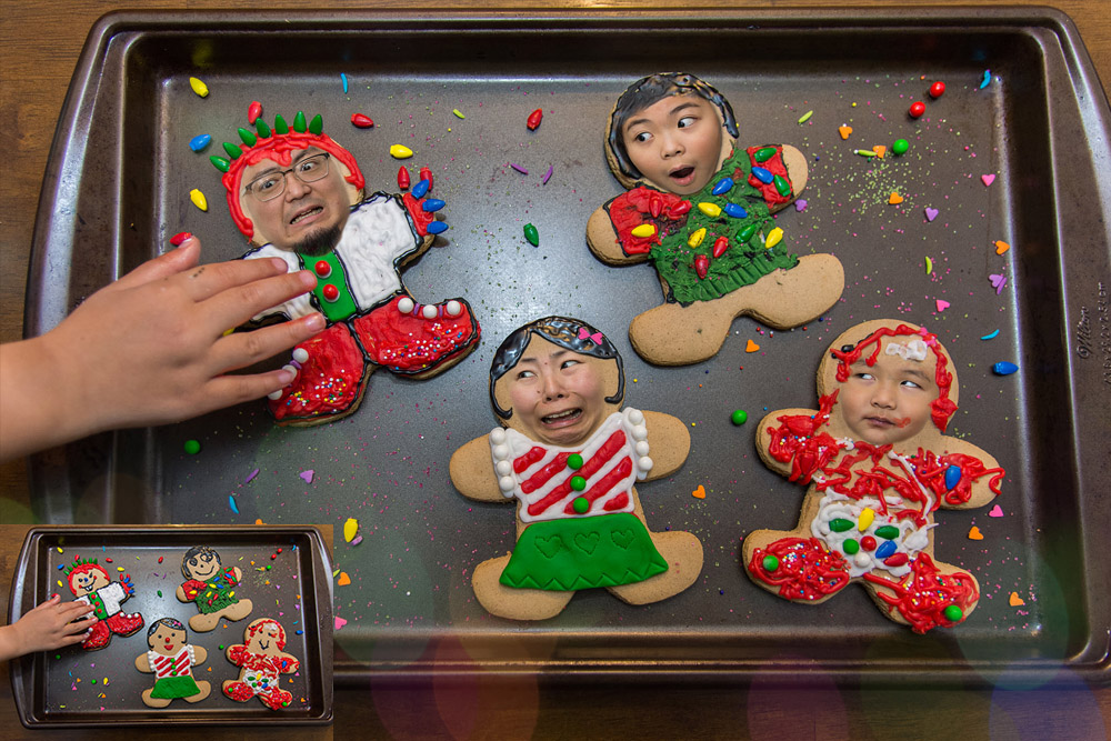 Tray of Christmas cookies with human faces