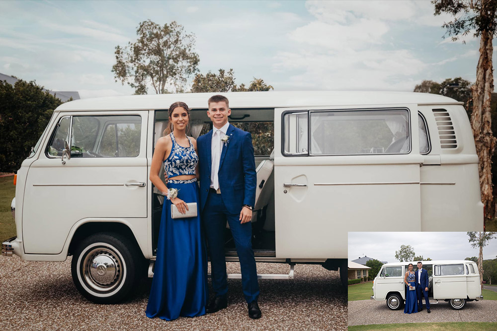 teenage couple in formal dress next to a combi van