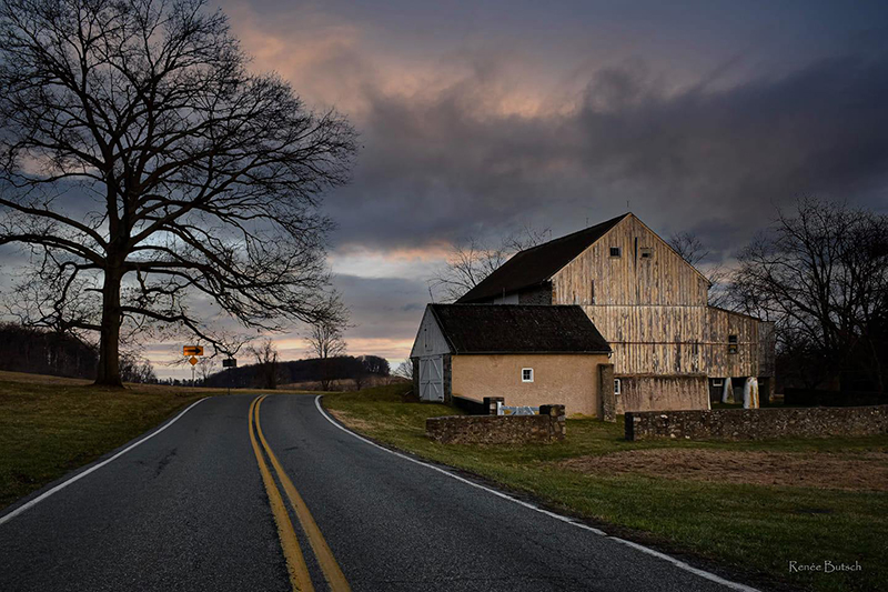 leading line of road outside a house with a barn