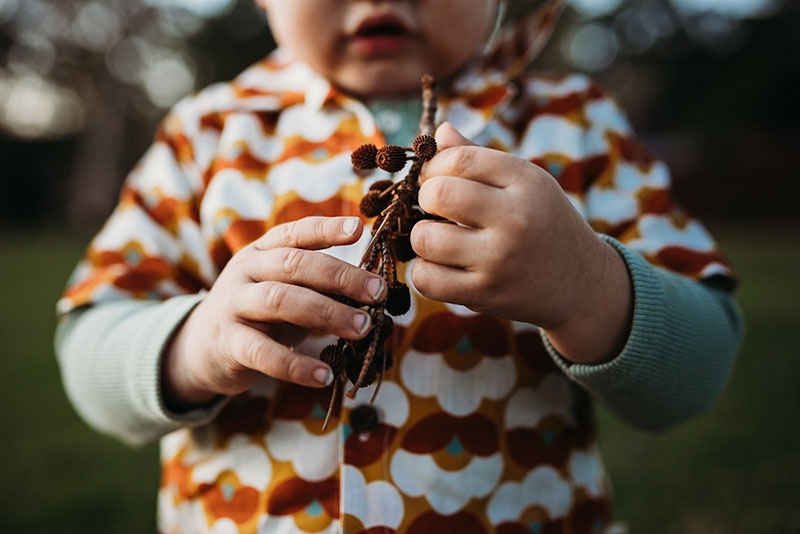 Toddler in brown patterned shirt holding twigs