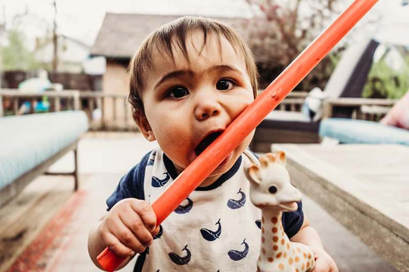 baby boy holding giraffe with orange stick
