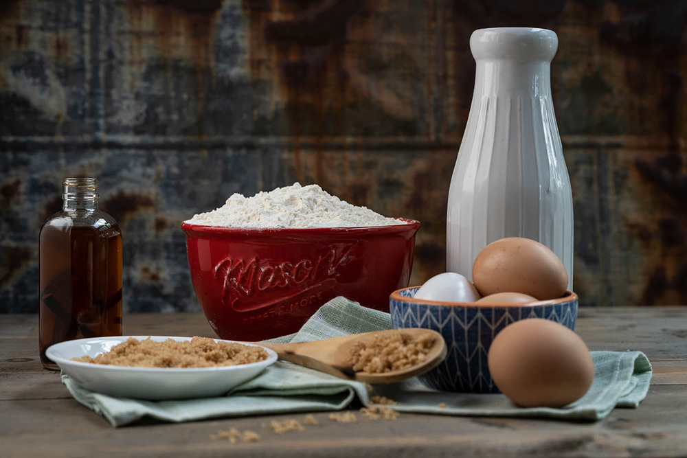 baking ingredients on rustic benchtop