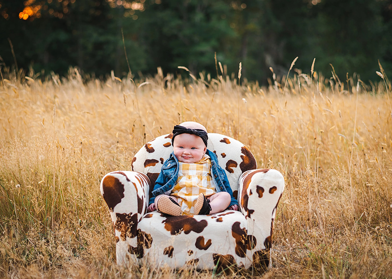 milestone baby photos armchair in a field