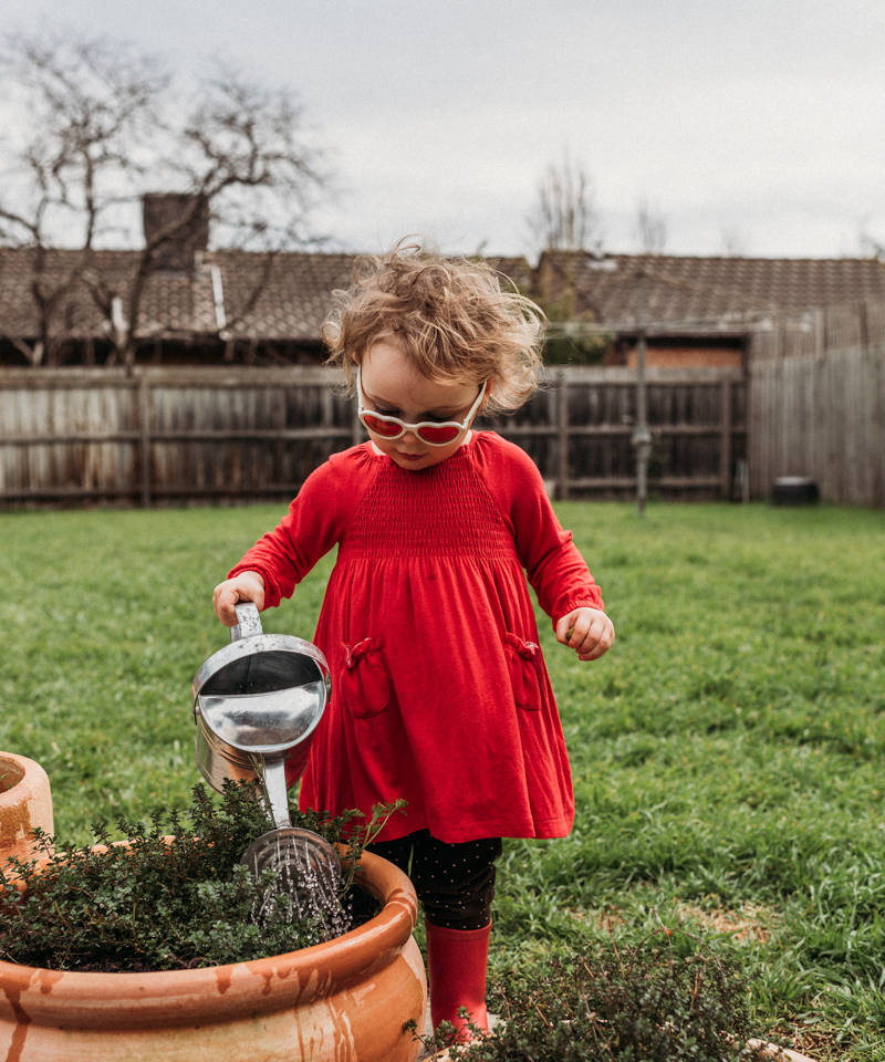 portrait of toddler girl in red dress watering plants