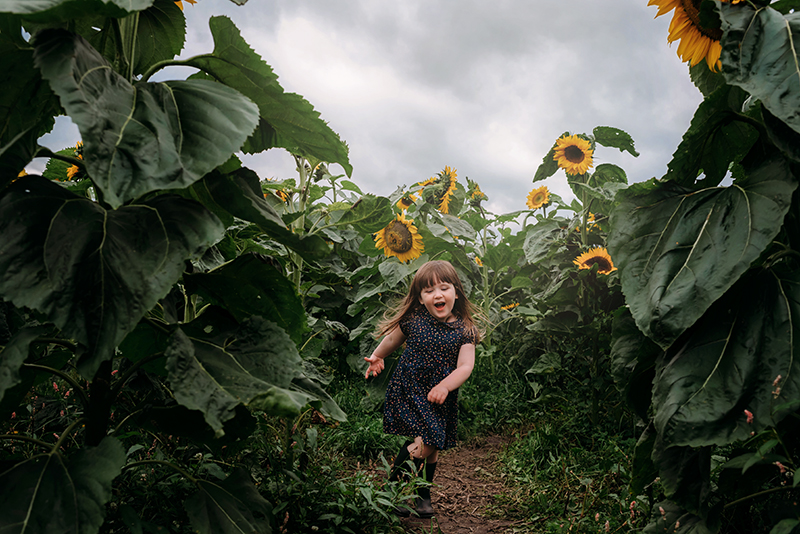 girl with long hair running through sunflower field